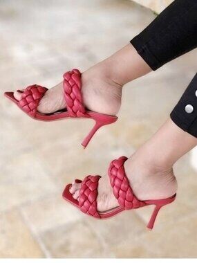 Women's Red Double Braided Square Toe Mule Sandal